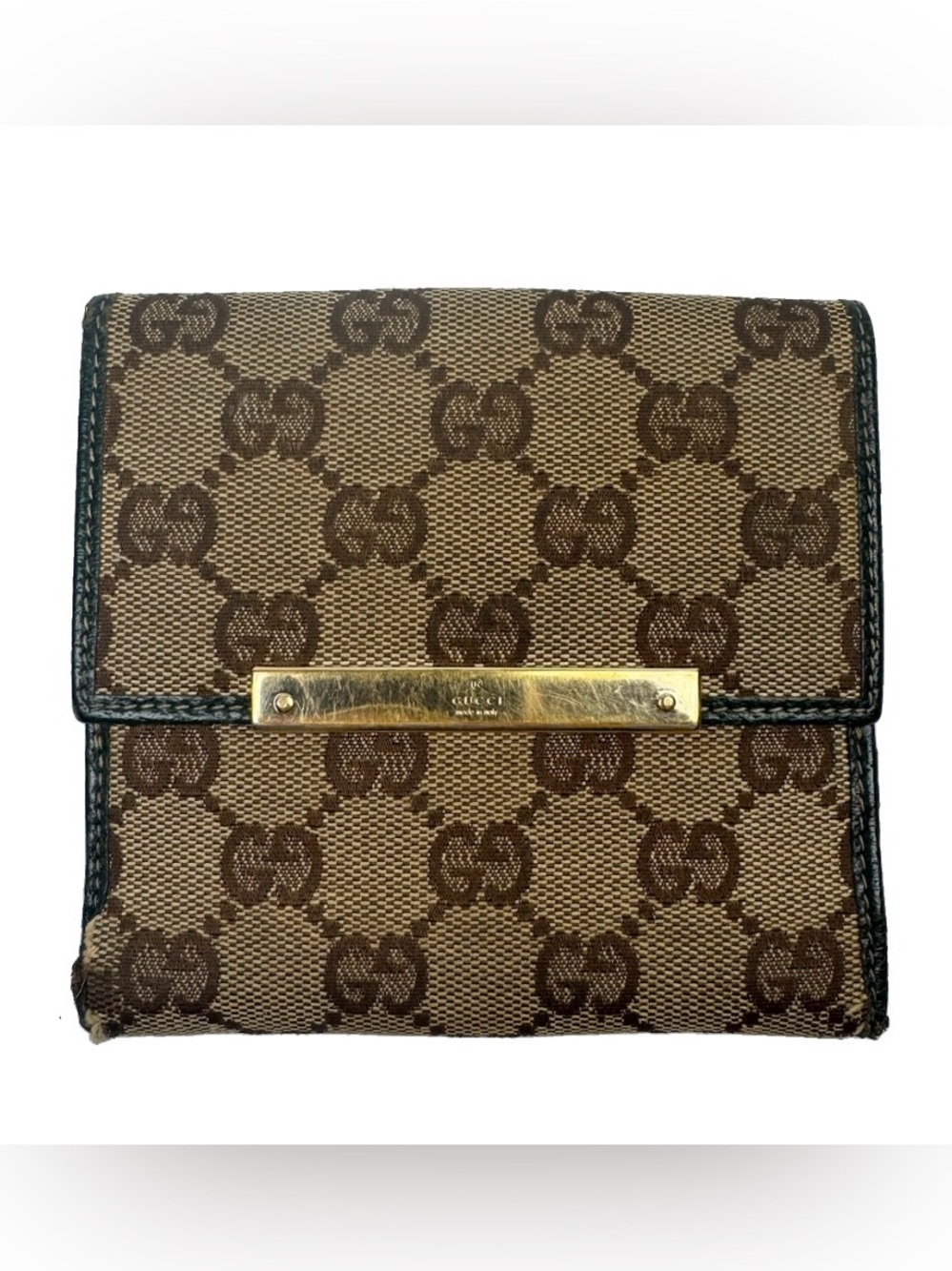 VTG Gucci GG Monogram Canvas Bi Fold Wallet Beige Green Men Bi-Fold FLAWS
